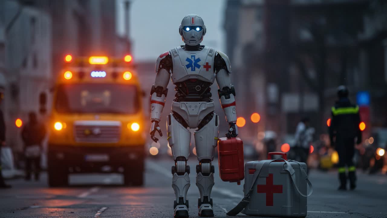 Un robot medico avanzato è pronto per l'assistenza di emergenza in mezzo al caos urbano, evidenziando l'intersezione tra tecnologia e sanità in un ambiente dinamico.