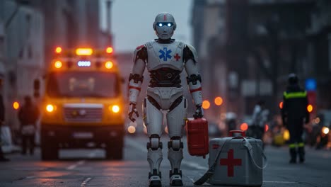 an advanced medical robot stands ready for emergency assistance amid urban chaos, highlighting the intersection of technology and healthcare in a dynamic environment