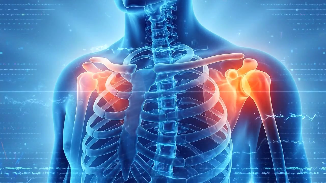 Torso trasparente con entrambe le articolazioni della spalla che brillano di rosso e arancione in vista medica