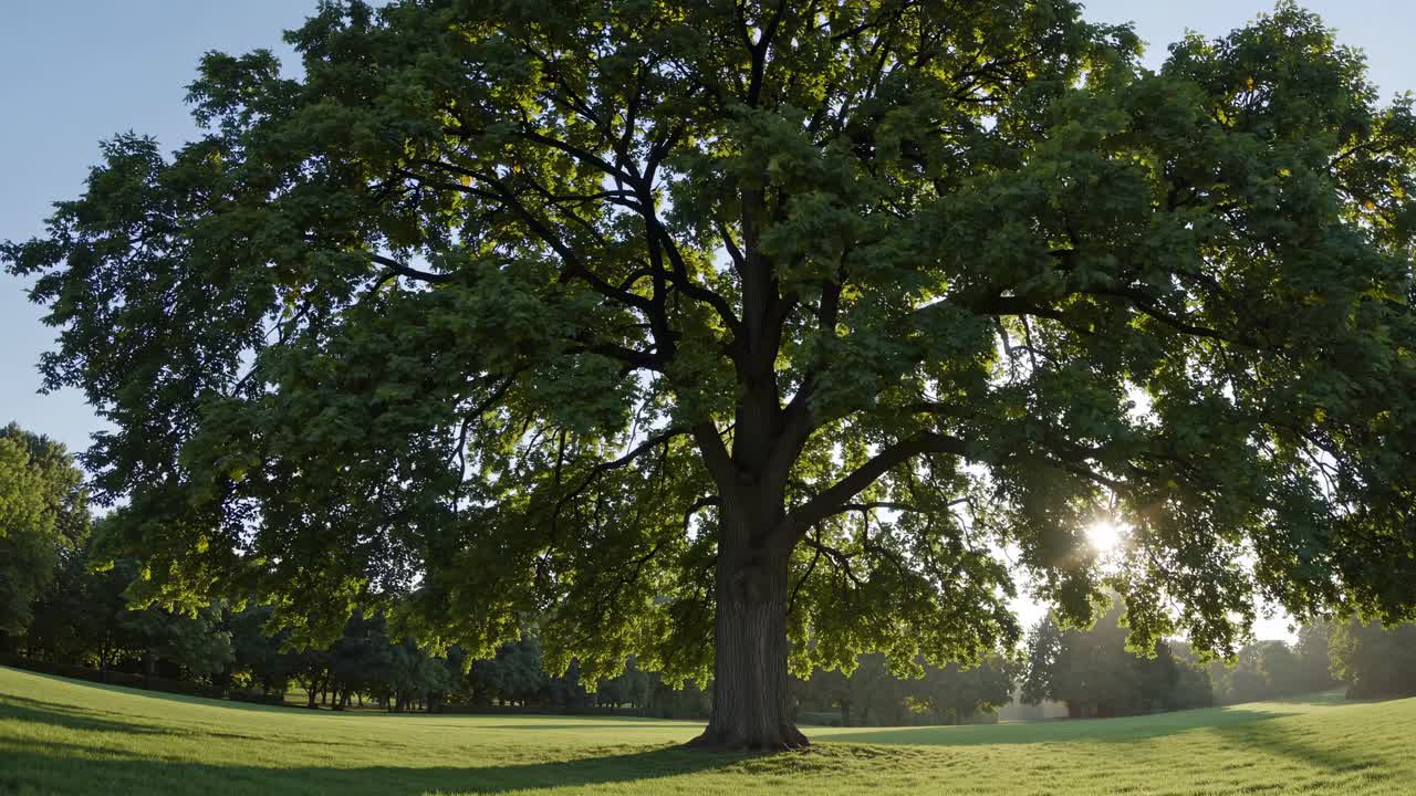 A wide-angle video captures a majestic tree in a sunlit park, emphasizing its grandeur and lush