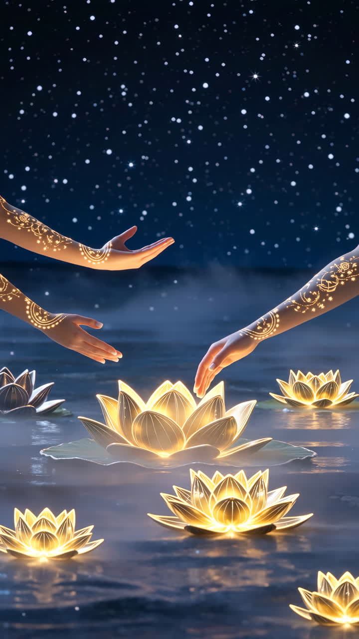 Glowing Lotus Flowers under a Starry Night