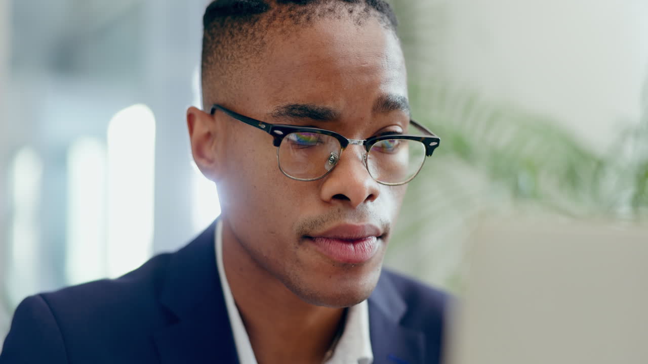 Business man, computer and thinking of plan