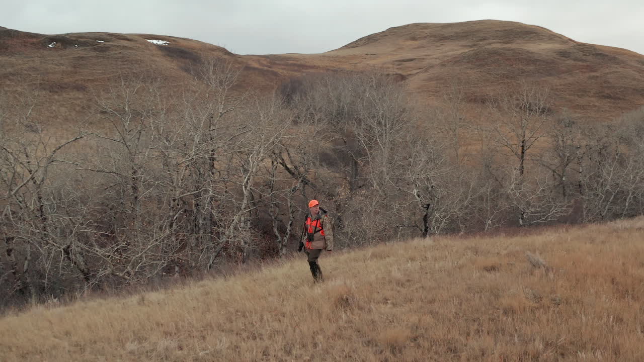서스캐처원 대초원 서식지의 주요 사냥 지역을 걷고 있는 성인 남성 사냥꾼 - 공중 추적 드론 샷