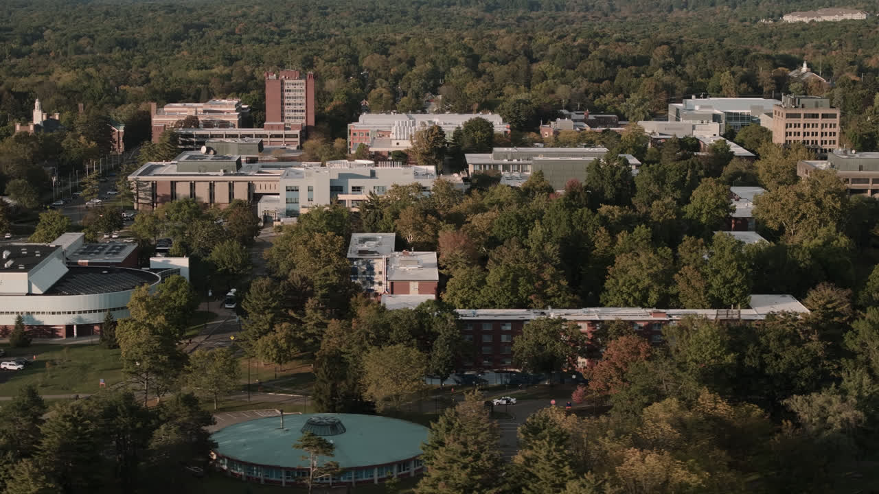 Aerial view of SUNY New Paltz on an autumn afternoon. Shot in the Catskill Mountains
