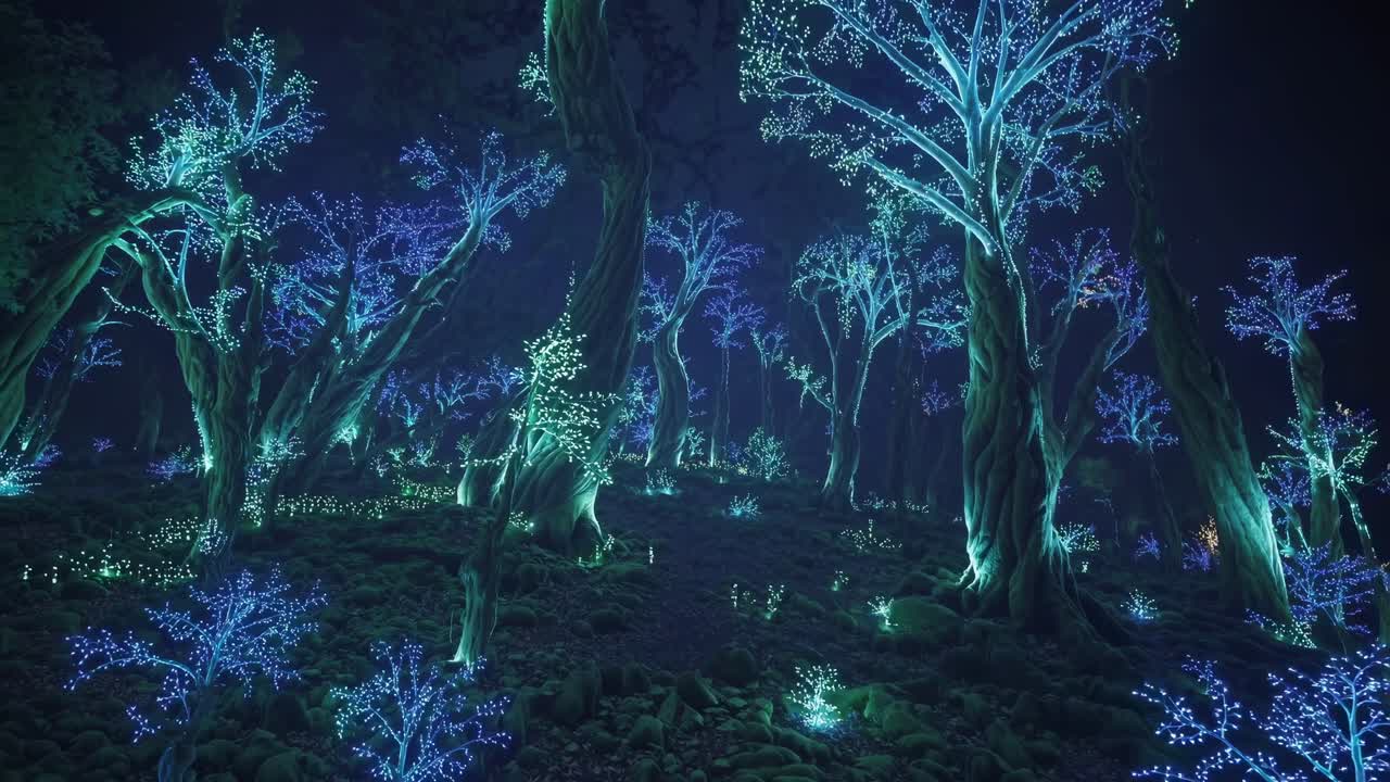 Mystical forest scene with luminescent trees glowing in shades of blue and green at night