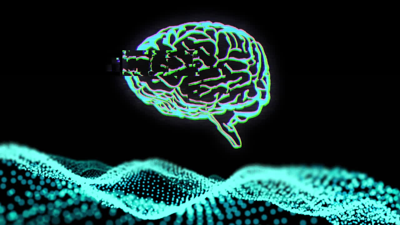 Animation of green human brain with glitch over abstract green waving mesh
