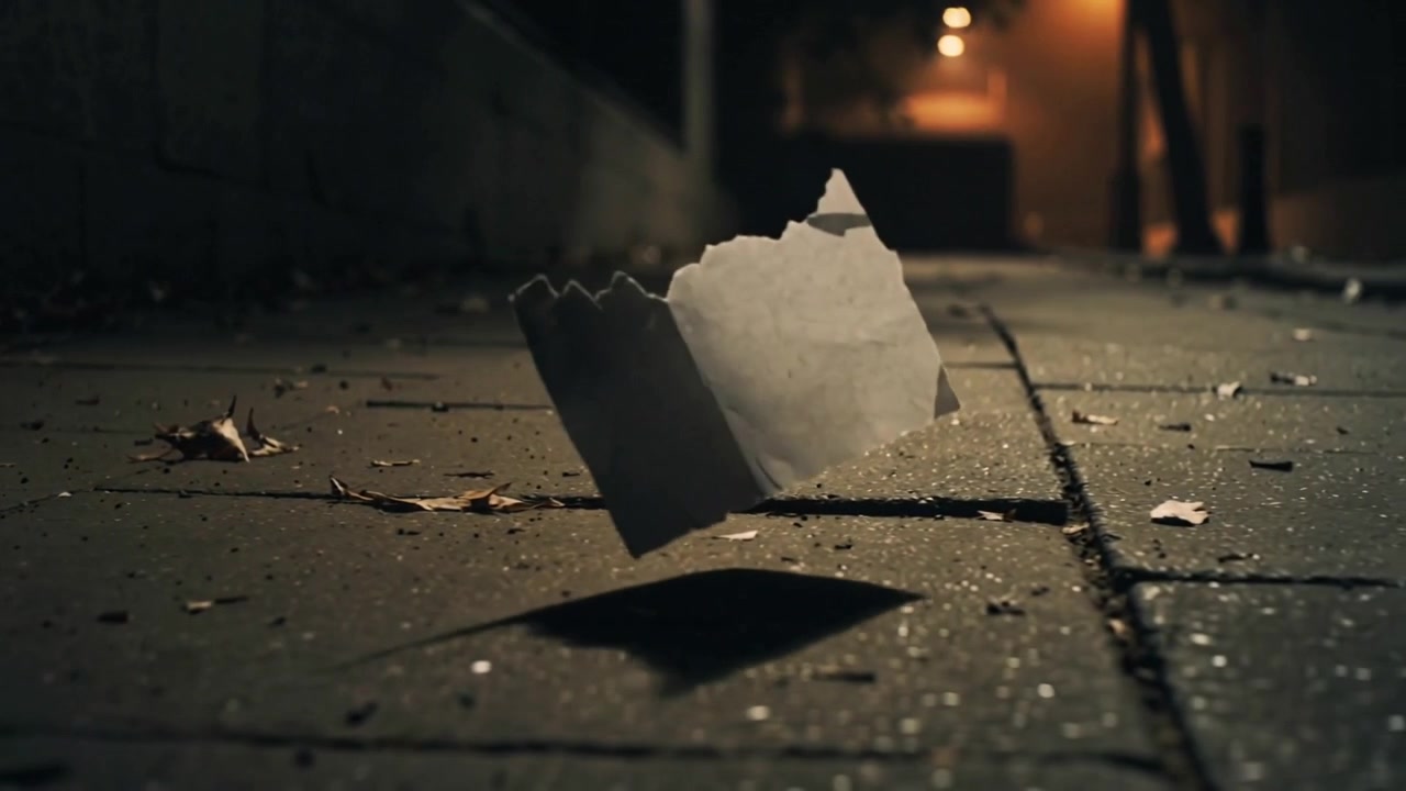 Un foglio di carta bianco strappato che volteggia sulla pavimentazione notturna, sollevato e fatto ruotare da una folata di vento.