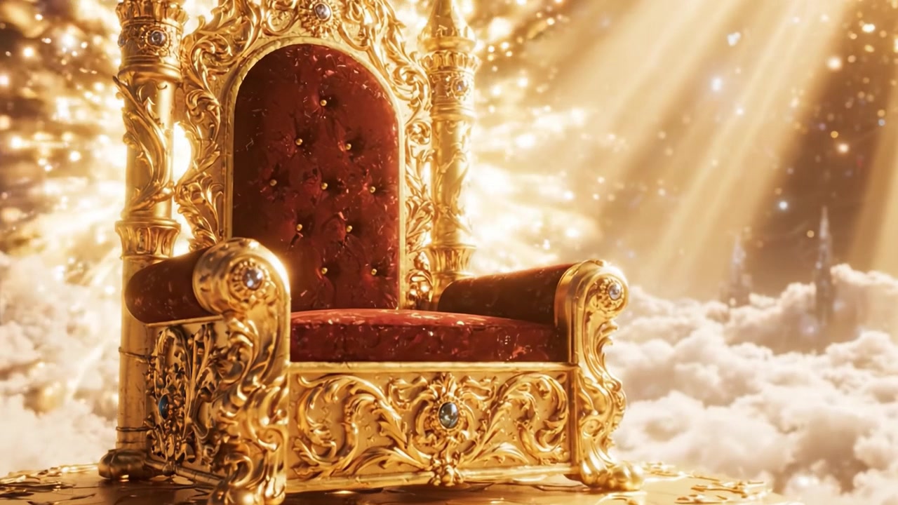 Ein majestätischer goldener Thron, umgeben von Wolken und strahlendem Licht, der Macht und Königlichkeit in einem traumhaften ätherischen Reich symbolisiert.