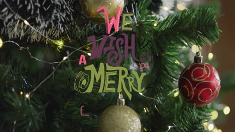 colorful we wish you merry text overlay on festive christmas tree animation