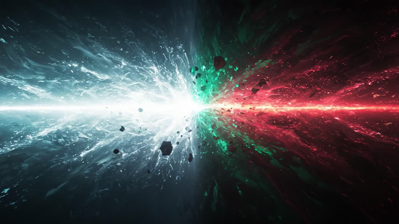 Dynamic Cosmic Duel: A Stunning Visual Representation of Colliding Energies with Vivid Colors Illustrating the Power of Light and Darkness in Space