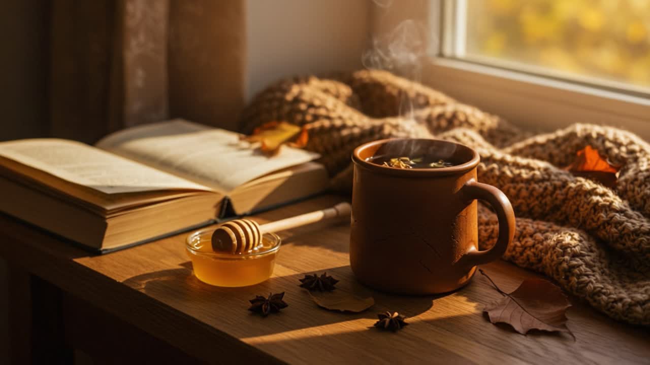 A Cozy Autumn Scene Featuring a Warm Mug of Tea with Honey, a Book, and a Soft Knit Blanket by the Window on a Sunny Day
