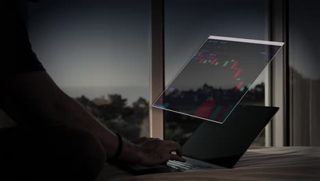 persona que cotiza en acciones desde su hogar con visualización de gráficos holográficos