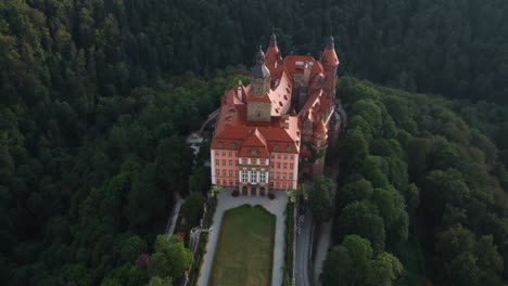 aerial view of a castle in a forest