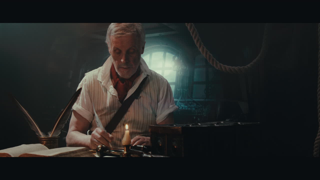 An old captain sits writes a letter inside the sailing ship cabin