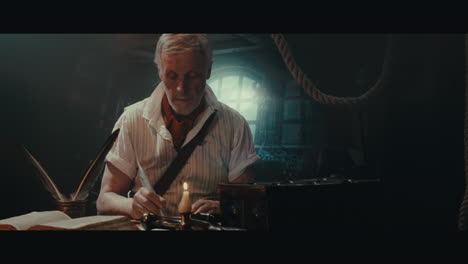 an old captain sits writes a letter inside the sailing ship cabin