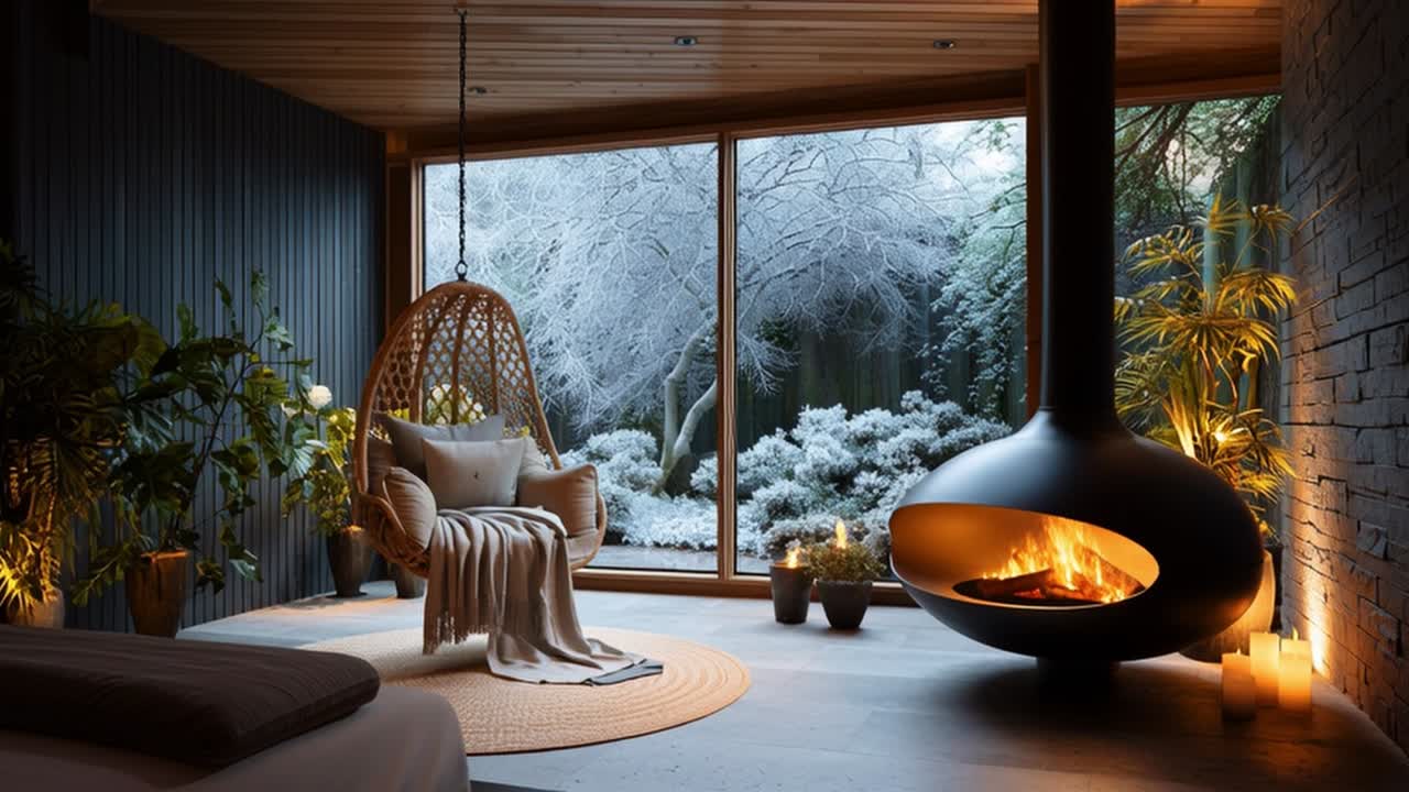 A Warm and Inviting Winter Retreat Featuring a Cozy Fireplace, Plush Hanging Chair, and Snow-Covered Garden View, Creating a Perfectly Serene Atmosphere for Relaxation and Reflection