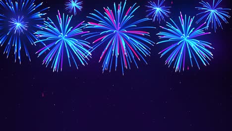 Bright fireworks in the night sky with stars. Beautiful festive sky. Colorful fireworks on a dark blue background. Animated background, seamless loop