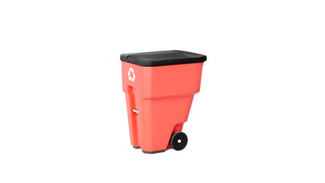 contenedor de basura de plástico rojo con logotipo de reciclaje, aislado sobre fondo blanco, gira 360 grados.