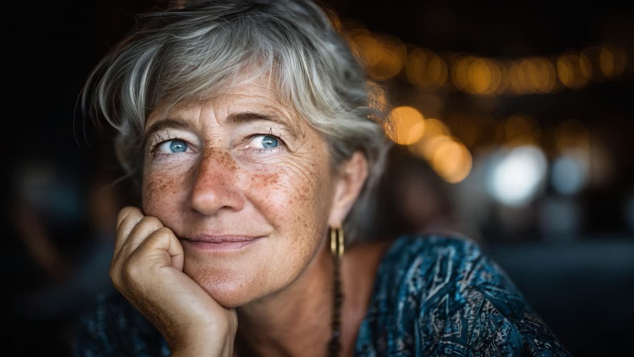 Contemplative Moment: A Thoughtful Woman with Freckles and Stylish Hair Lost in Reflection amidst a Warmly Lit Atmosphere Captured in Beautiful Detail
