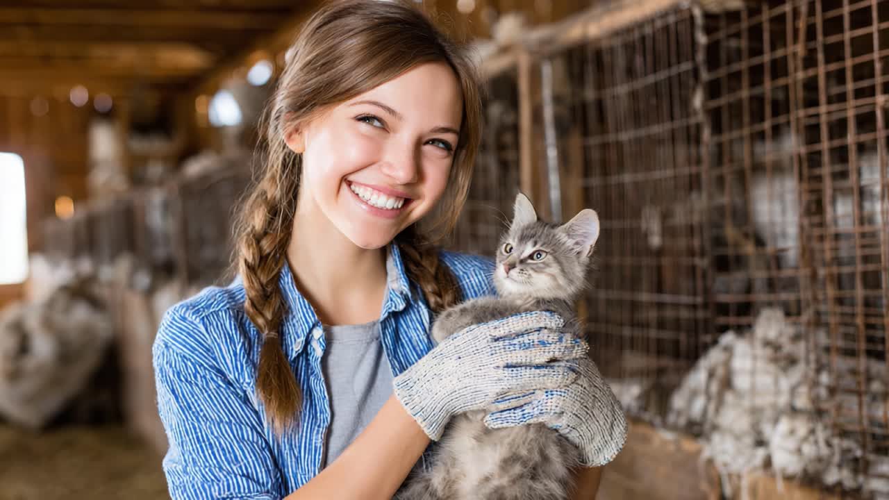 A Joyful Young Girl Holding a Gray Kitten in a Cozy Barn Setting, Radiating Happiness and Connection with Her Feline Friend Amidst Farm Animals