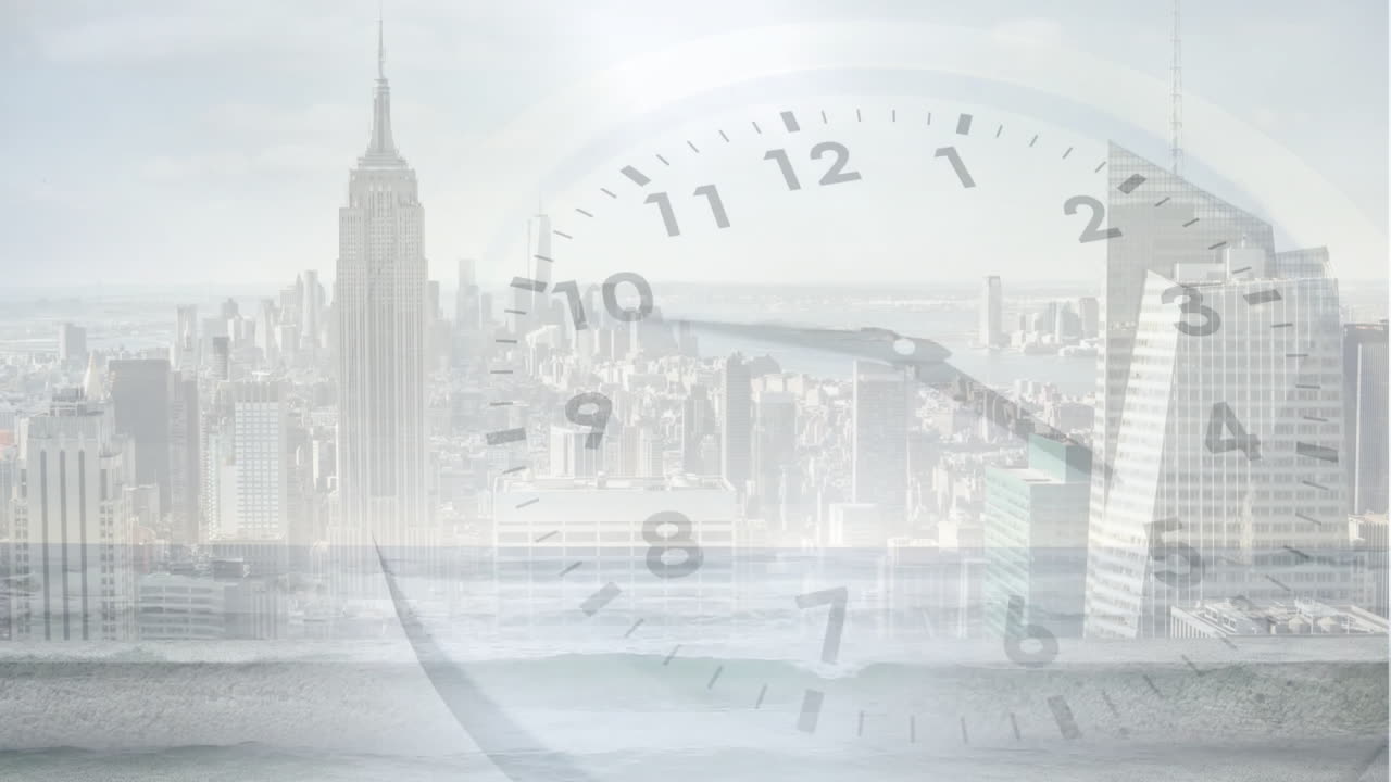 Clock animation over city skyline with skyscrapers and cloudy sky