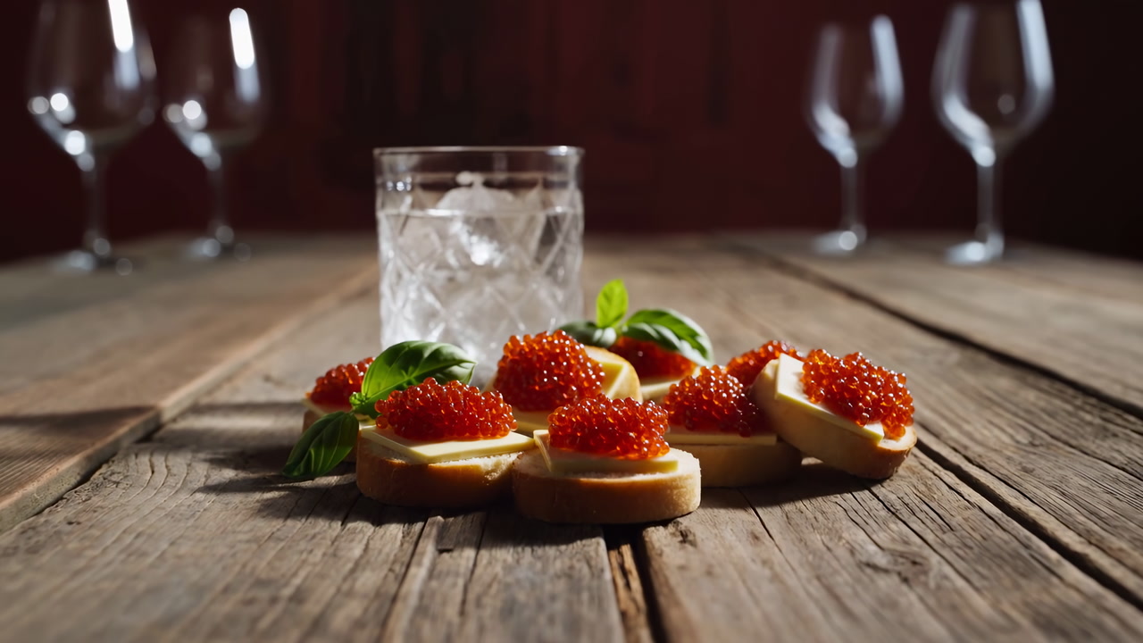 Caviar Canapes On Rustic Table, Lemon And Basil Garnish, Icefilled Glass With Crushed Ice, Blurred Wine