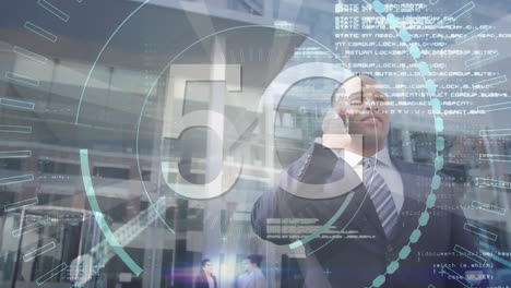 animation of data processing with 5g text and scope scanning over biracial businessman