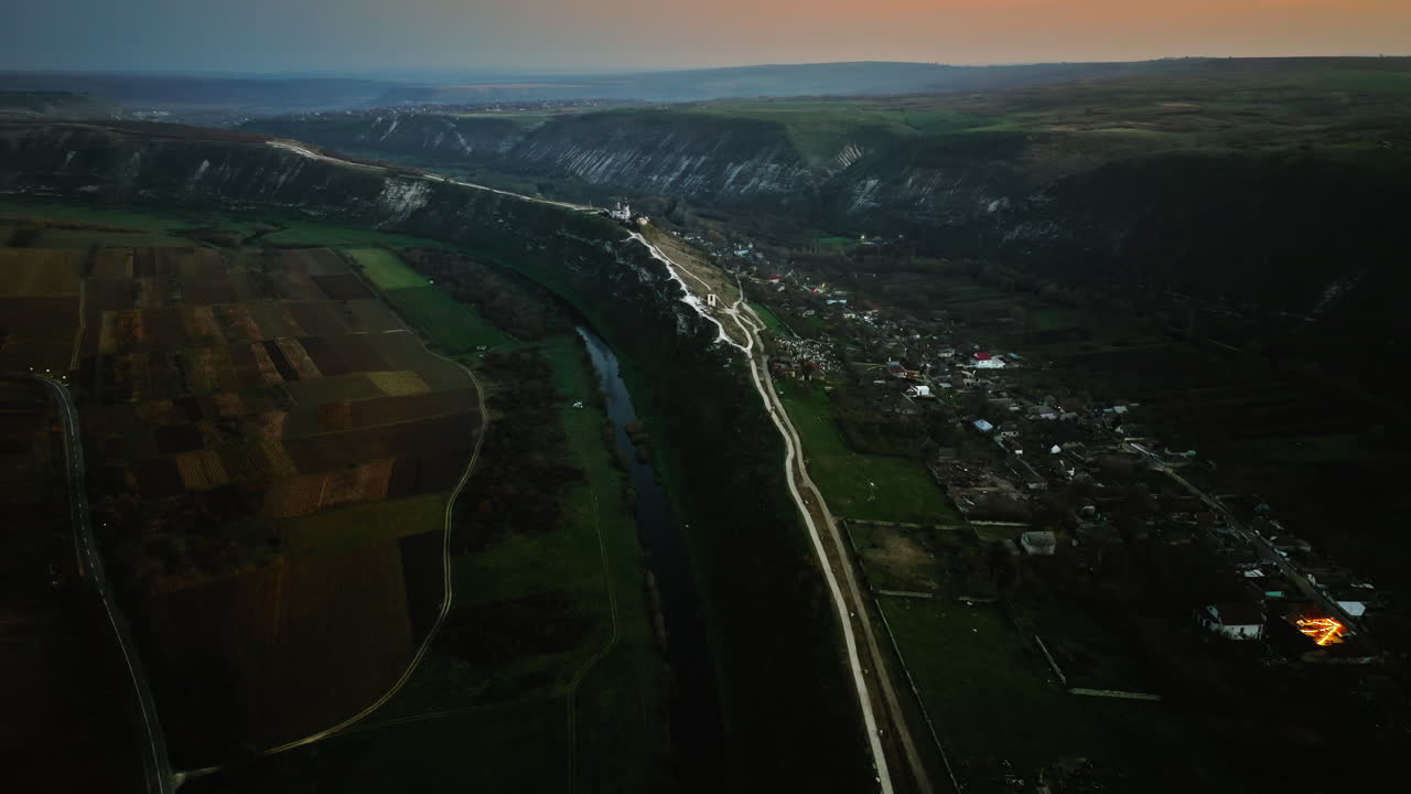 Aerial drone view of the Old Orhei historical and archaeological complex in Moldova at sunset
