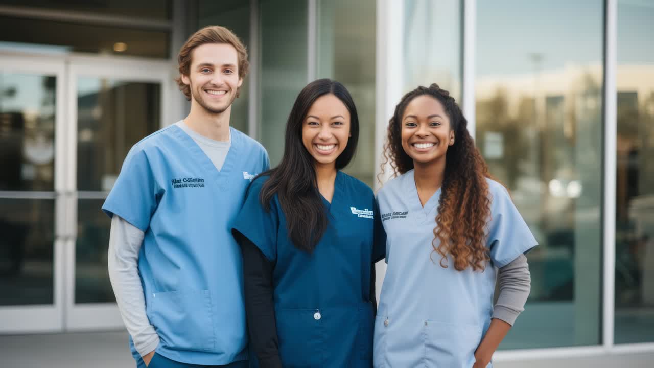 A cheerful group of healthcare professionals in scrubs, captured in a front-facing angle