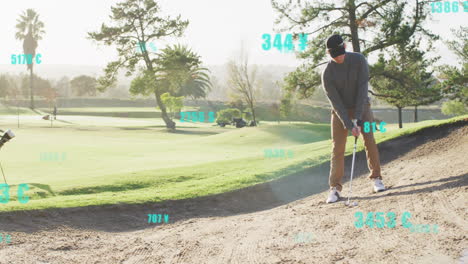 golfer hitting ball from sand bunker, showing animated trajectory arc and distance data for sports