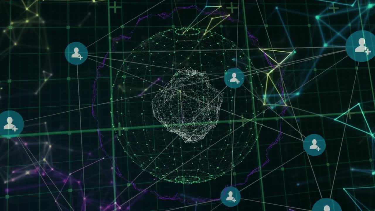 Animation of network of connections with icons over globe on black background
