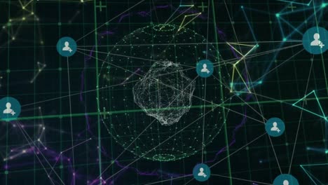 animación de la red de conexiones con iconos en todo el mundo sobre fondo negro