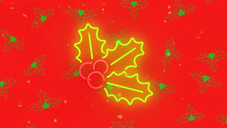 Animation-of-stars-over-mistletoe-icons-on-red-background