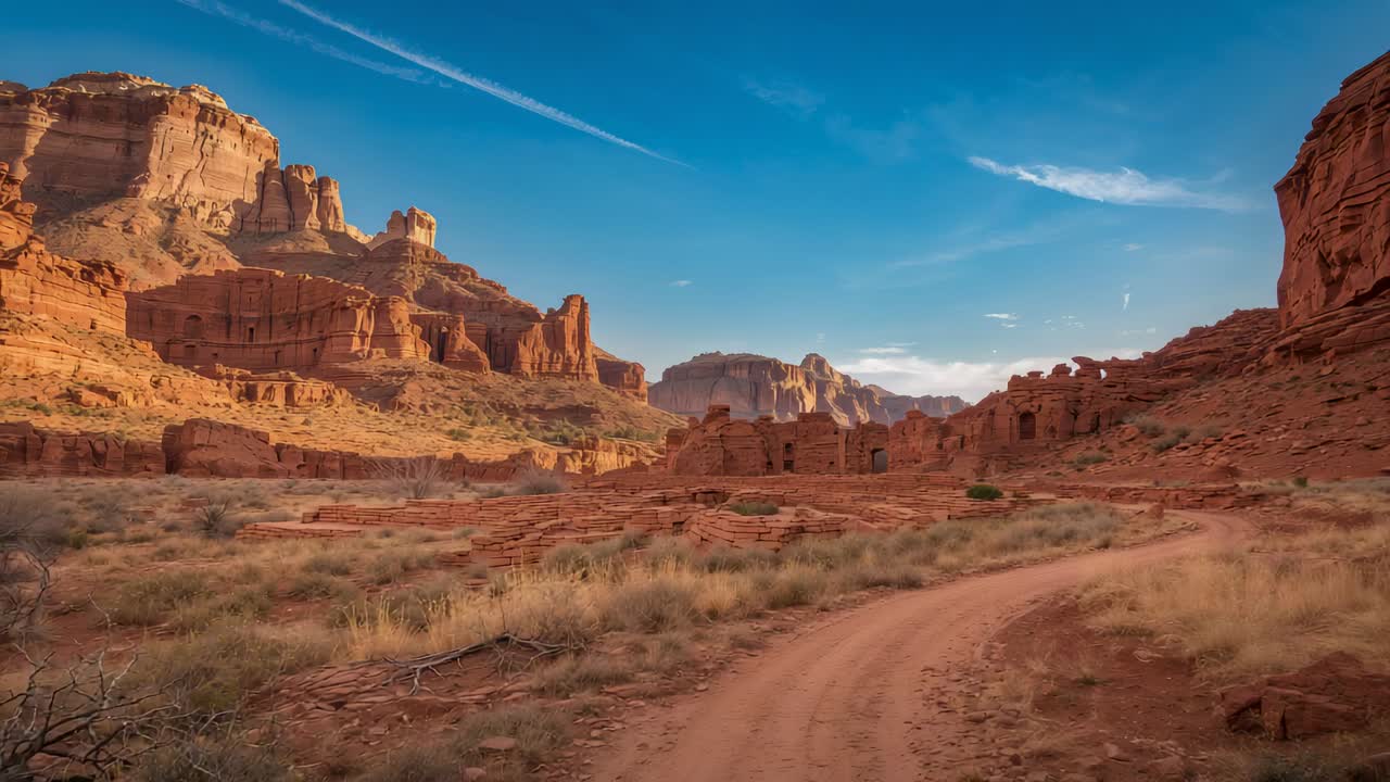 Panning camera revealing winding dirt track along arid red cliffs, showing buttes and contrail