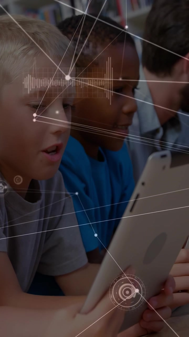 Vertical video: Two boys tapping and swiping tablet, learning while HUD nodes and lines sweeping