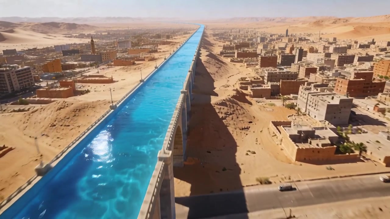 Un drone si lancia seguendo un acquedotto sopraelevato che si estende fino all'orizzonte sopra una città nel deserto, mostrando i suoi pilastri.