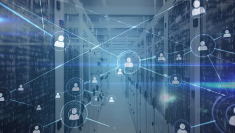 digital animation depicts data flow in a global internet network server room.