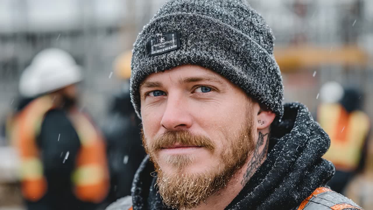A portrait of a rugged construction worker braving the snowfall, showcasing determination and strength amidst a challenging environment
