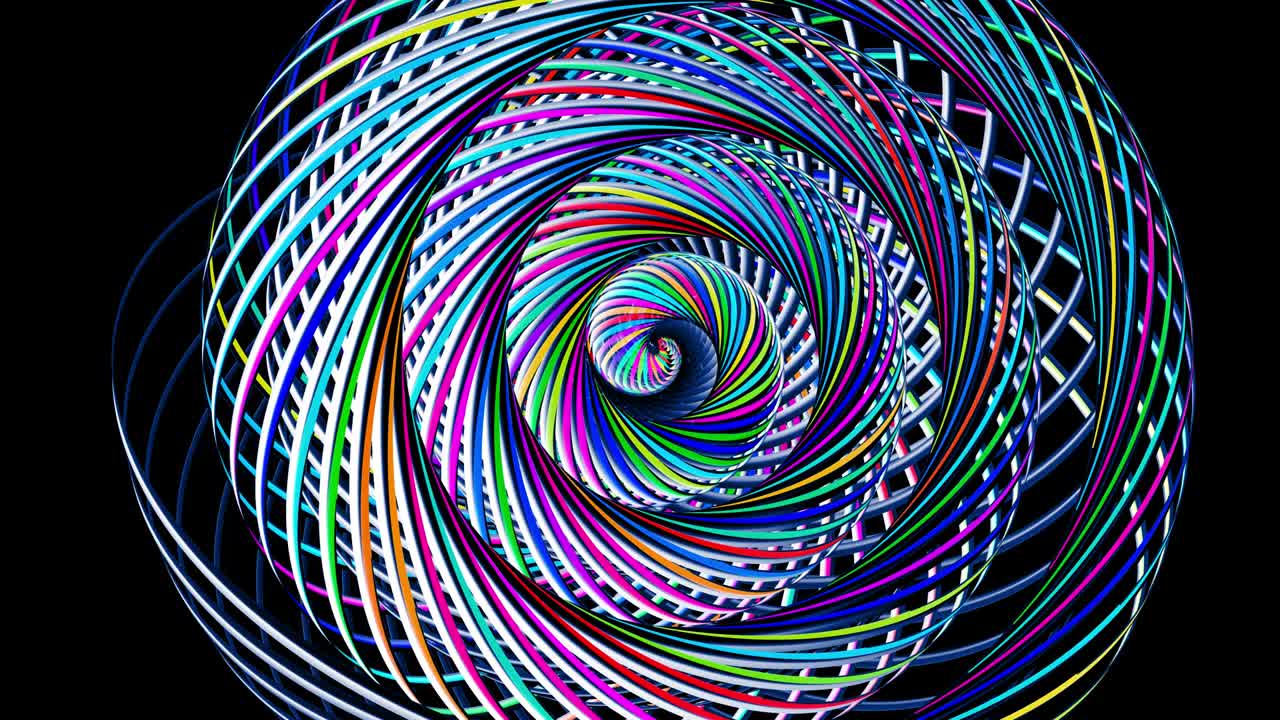 4k fondo oscuro con bucles abstractos con líneas curvas como tubos retorcidos en hélice y luz de neón multicolor que corre en tubos. composición redonda. bucle vj con luz de neon brillante. espiral abstracta