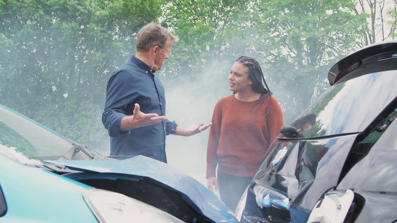 두 명의 분노한 자동차 운전자들이 자동차 사고에 대한 책임을 놓고 논쟁하고 있습니다.