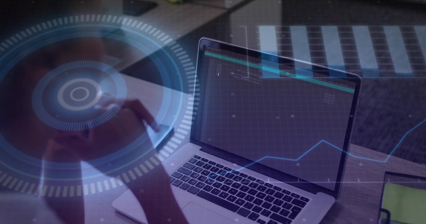 Woman bringing phone to ear, taking call while viewing tech chart on laptop, HUD overlaying hands