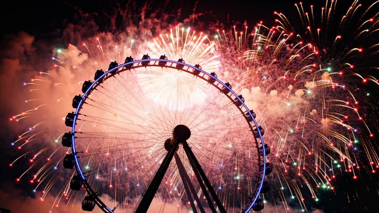 Fuochi d'artificio che esplodono dietro una grande ruota panoramica di notte per un festival, con il bordo illuminato da LED blu.