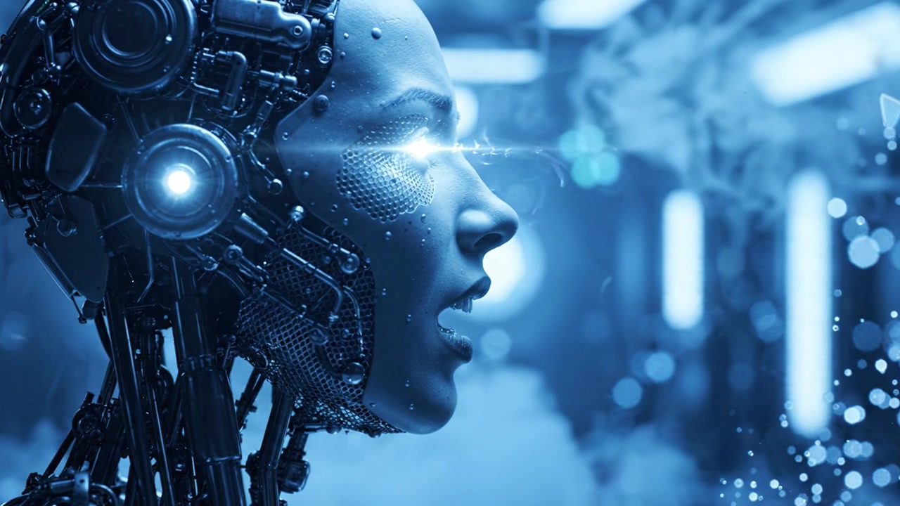 Futuristic Cybernetic Portrait: A Close-up of an Advanced Robot Woman's Face with Intricate Mechanical Components and Luminous Eyes in a Sci-Fi Environment
