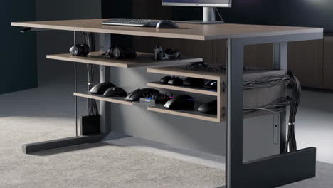 organized gaming and workspace setup with adjustable desk and extensive cable management