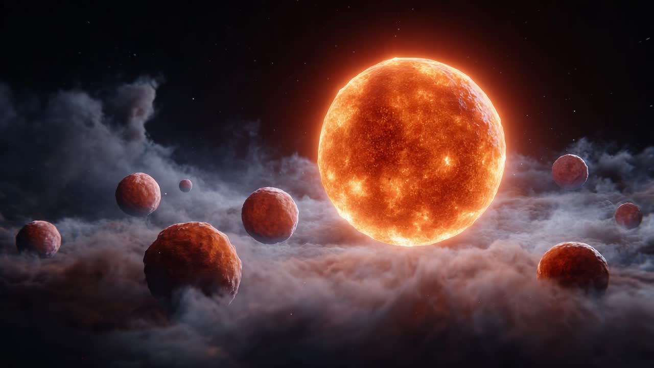 A Breathtaking Cosmic Scene Featuring a Radiant Sun Surrounded by Mysterious Planets Drifting Through Ethereal Clouds in an Awe-Inspiring Celestial Landscape