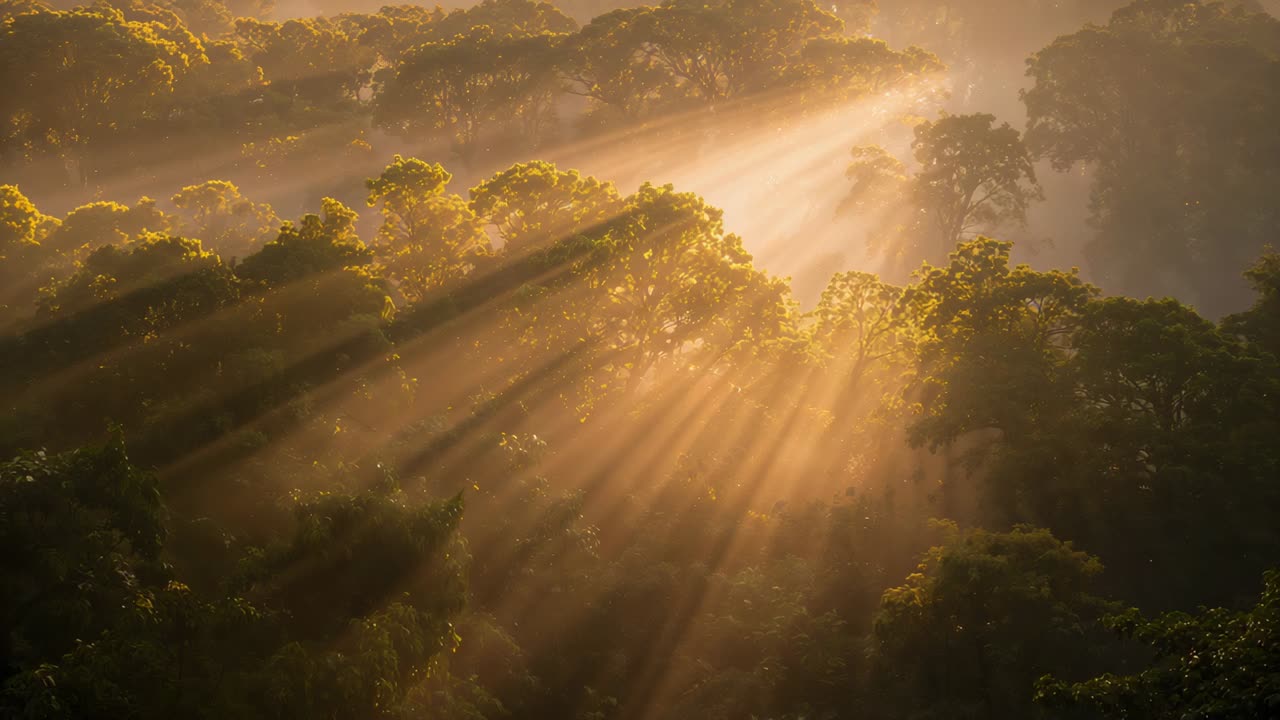 Sol nascente enviando raios dourados através da densa copa da floresta em encosta inclinada, revelando névoa