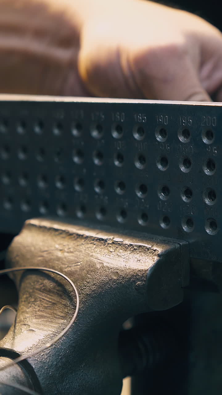 CU: professional craftsman pulls gold wire through tool with different holes at workplace at bright light close view