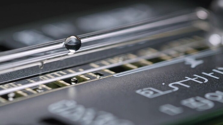 Gocciolina in movimento lungo un tubo trasparente sopra un PCB, con la tensione che ne guida il movimento e lo spostamento del frame.