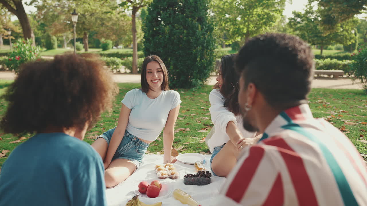 친구 들 이 공원 에서 피크닉 을 하고 있다