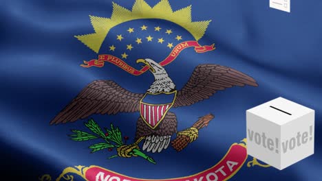 state of north dakota - ballots fly to box for north dakota selection - ballot box in front of flag - election - vote - national flag north dakota state wave pattern loopable elements - fabric texture and endless loop - north dakota state loopable flag